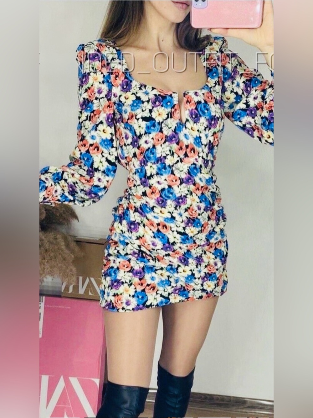 Zara Fall Long Sleeve Vixen Mini Dress Plunge Neckline Floral Event Guest SZ MED